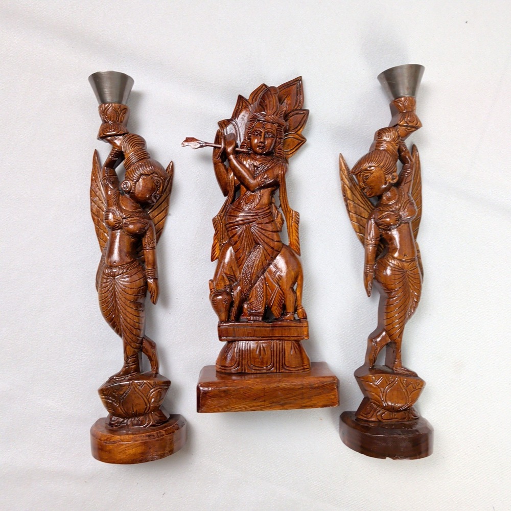 Hand Carved Wood Lord Krishna Statue & Apsara Candle Holder Set Spiritual Decor